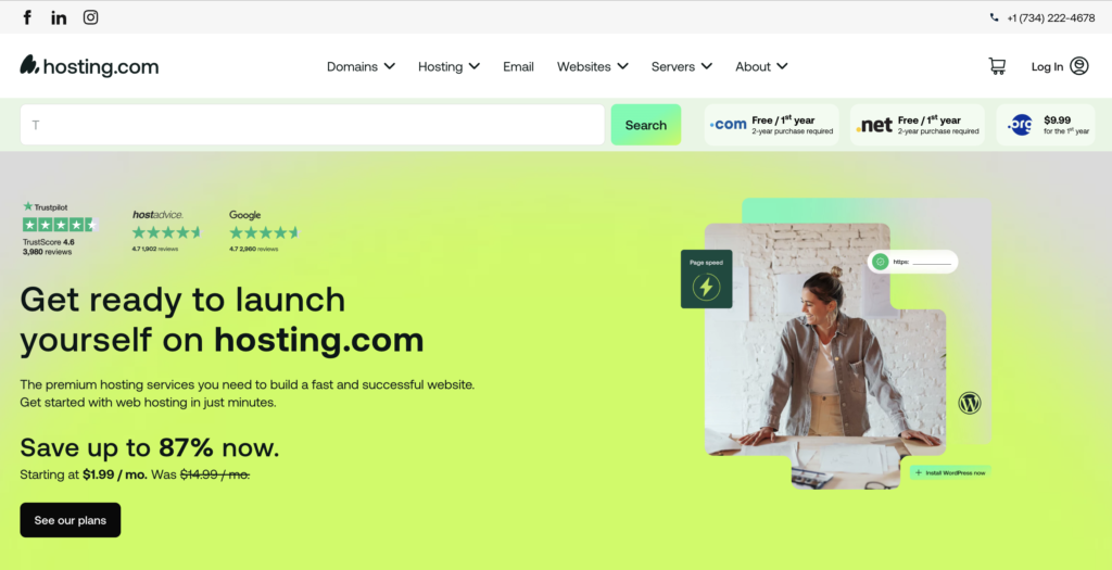 A2 Hosting's homepage highlights speed, user ratings, and WordPress integration.