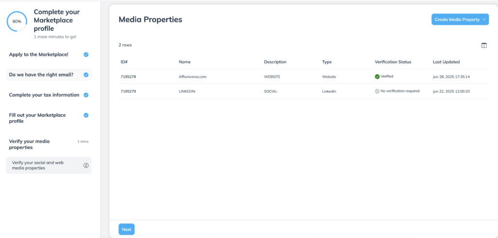 Impact Affiliate login dashboard showing verified media properties including Affiuniverse.com website and LinkedIn.