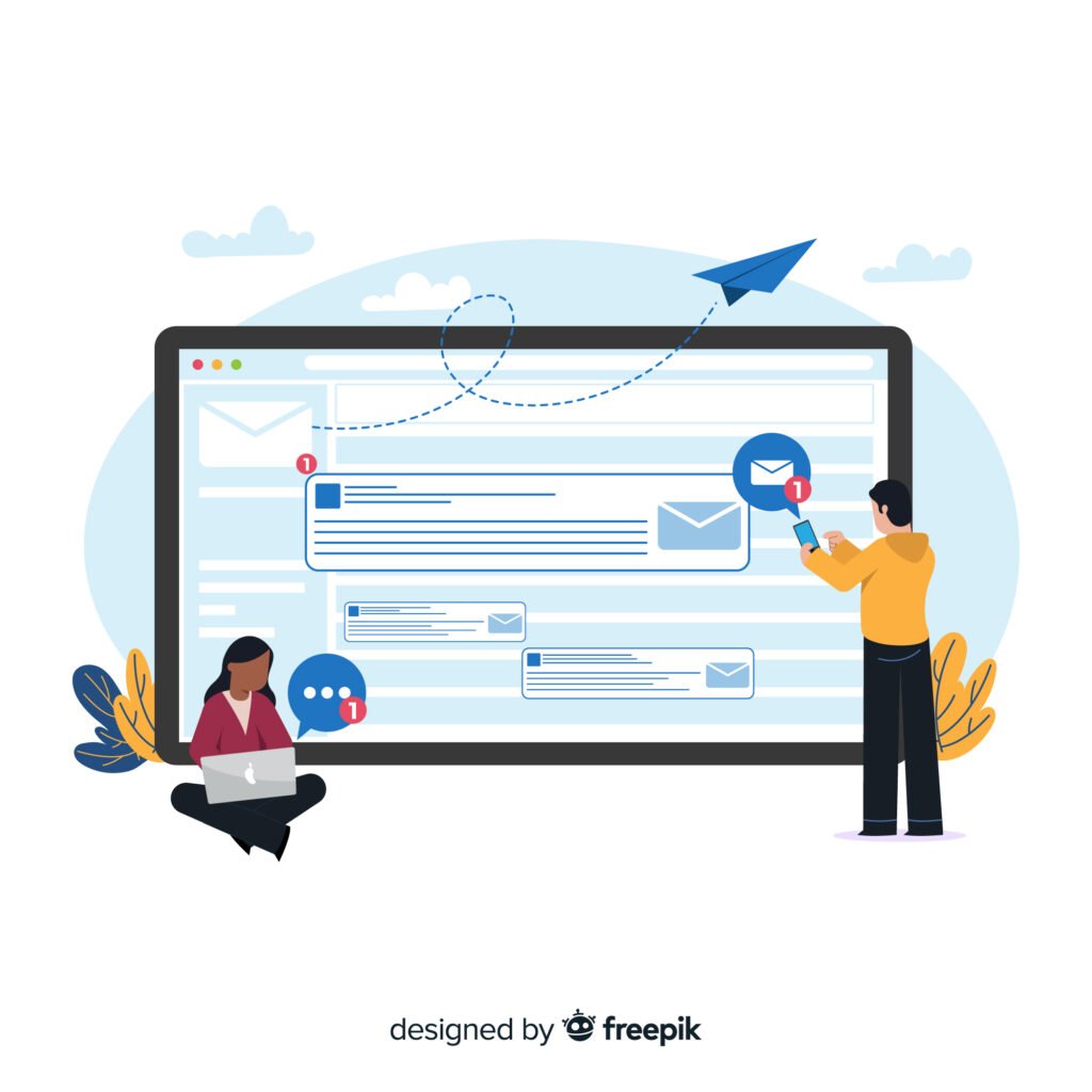 Illustration showing people using devices to send a video through email with message notifications