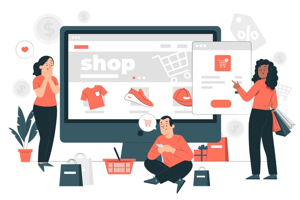 Illustration of users interacting with a D2C brand’s website to purchase apparel directly.